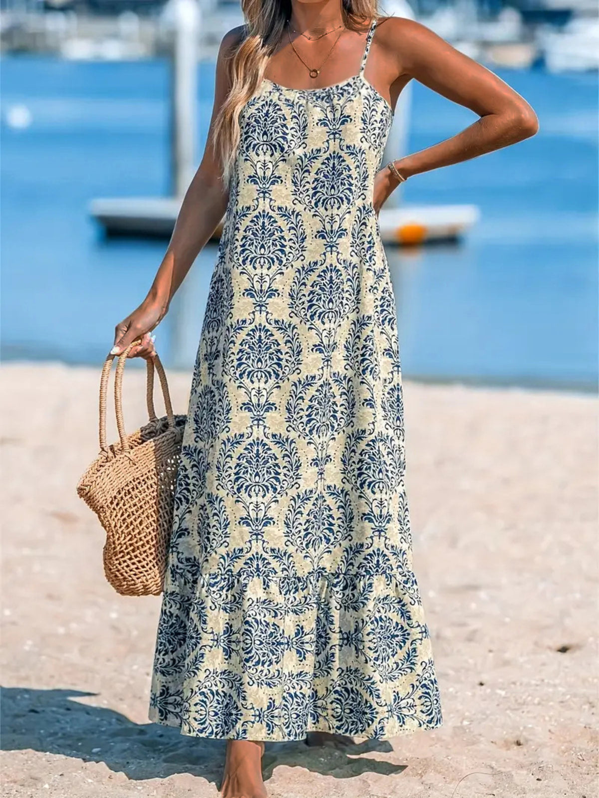 cream maxi dress with damask and scoop neck