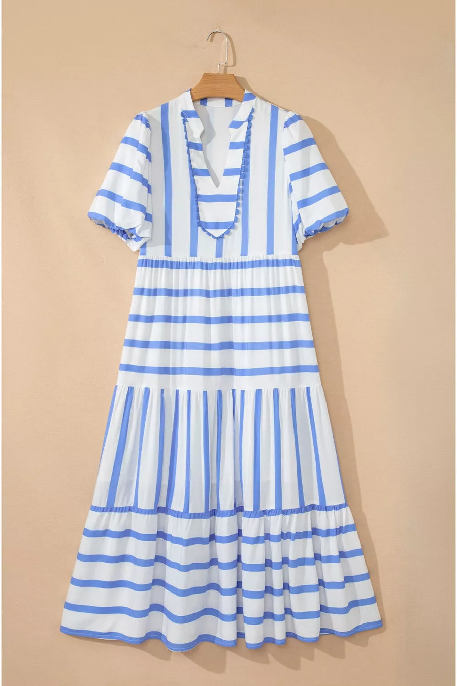 Tiered maxi dress with blue and white stripes, V-neck, short sleeves, and ricrac trim.