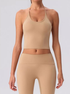 Tan activewear set with cropped and tie