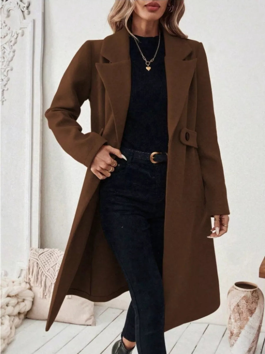 Elegant Lapel Collar Belted Trench Coat Plus Size in Black
