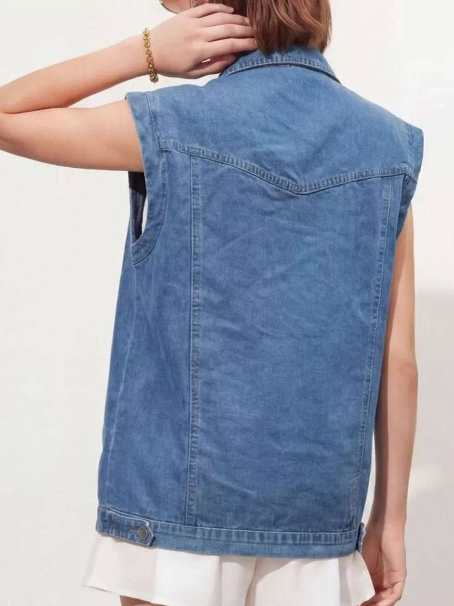 Blue vest with tunic-length and button-front