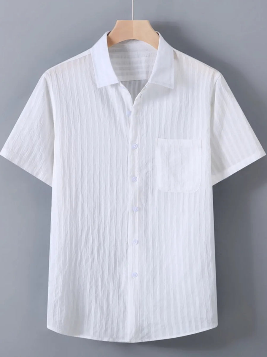White textured button-up short-sleeve cotton shirt with chest pocket
