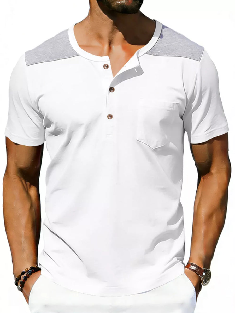 Men's white short sleeve henley t-shirt with gray shoulder accents and chest pocket.