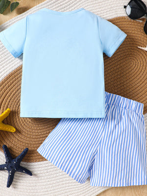 Baby blue cotton t-shirt and striped shorts set