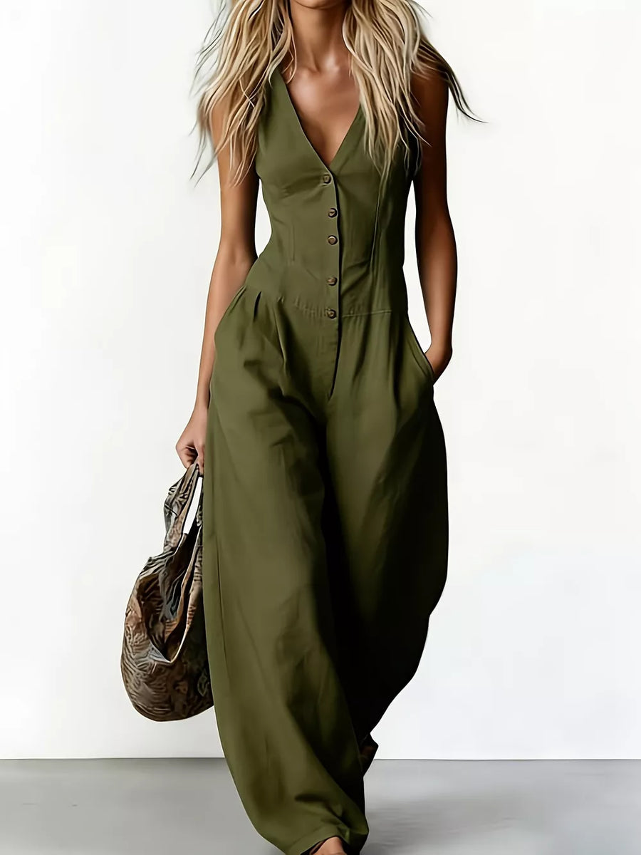 V-neck Button-down Wide-leg Jumpsuit in White