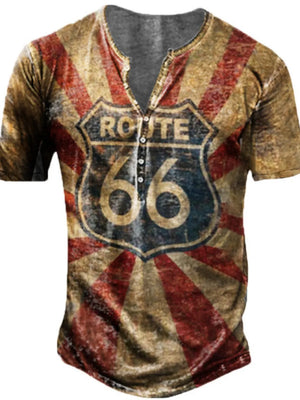 Men's vintage-inspired buttoned henley t-shirt with Route 66 graphic print.