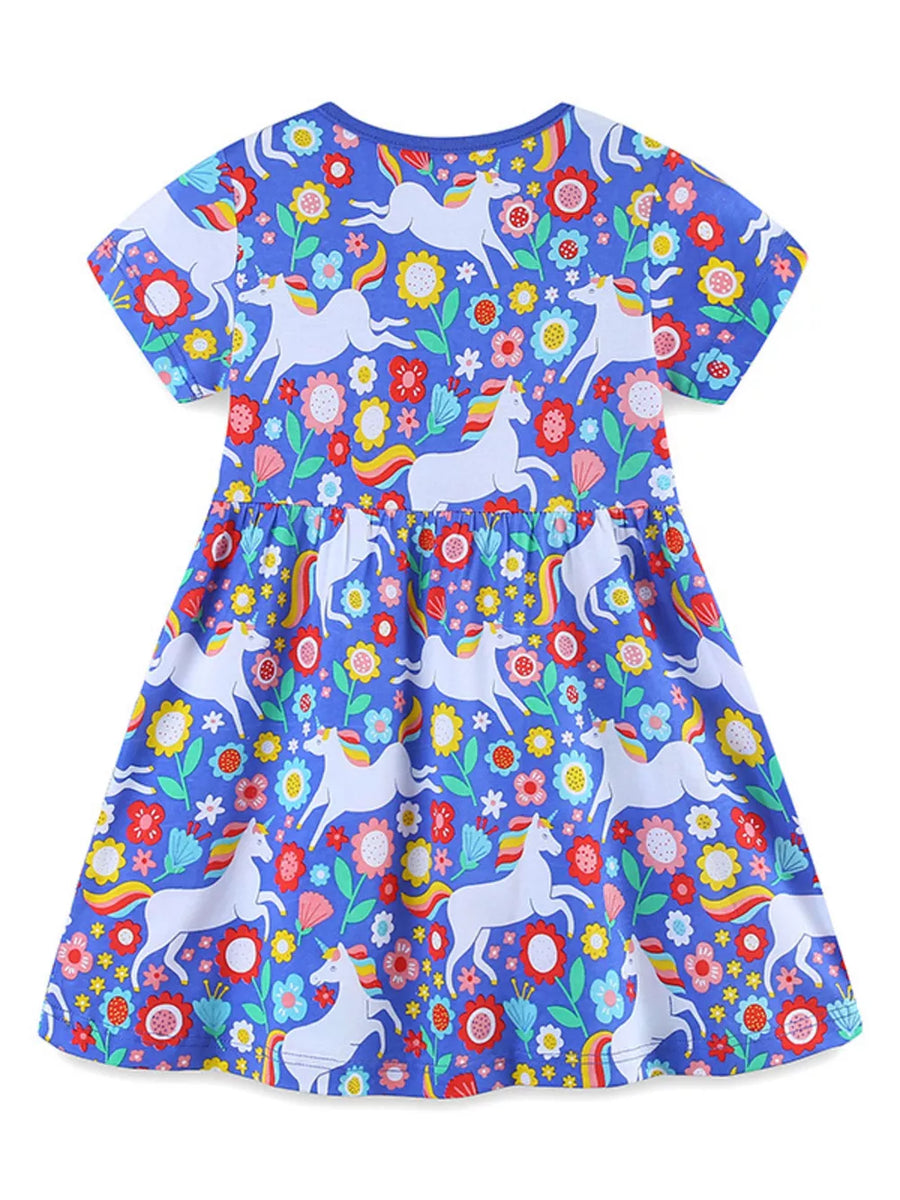 Girls blue unicorn and floral print short sleeve dress