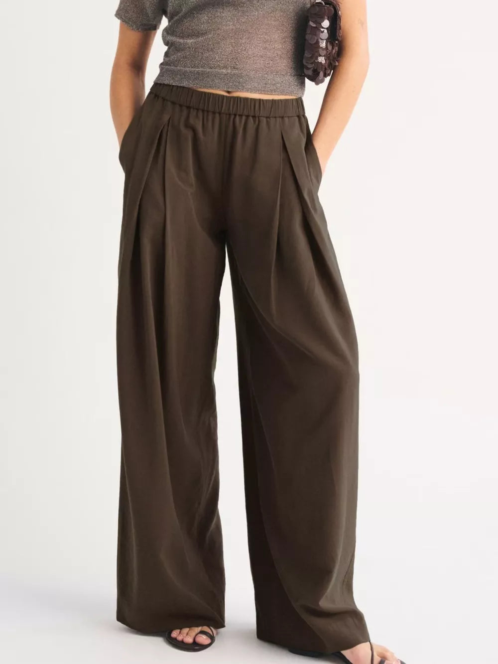dark olive wide-leg pants with full-length and elastic