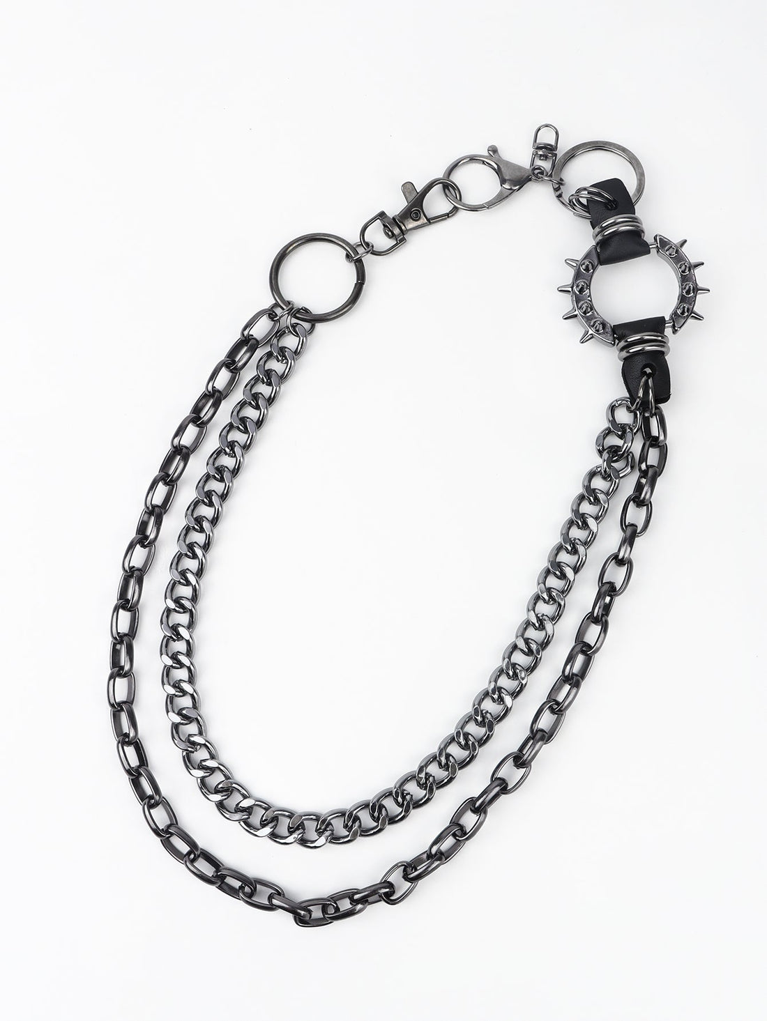 Black spiked chain harness belt with aluminum hardware and multiple clasps.