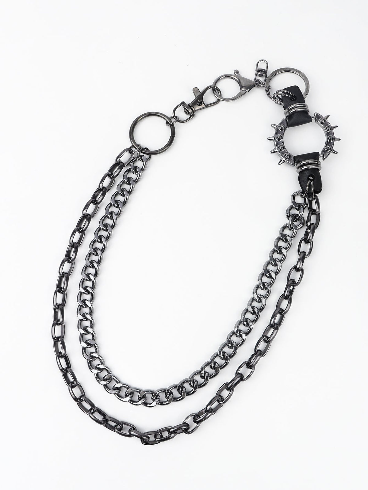 Black spiked chain harness belt with aluminum hardware and multiple clasps.