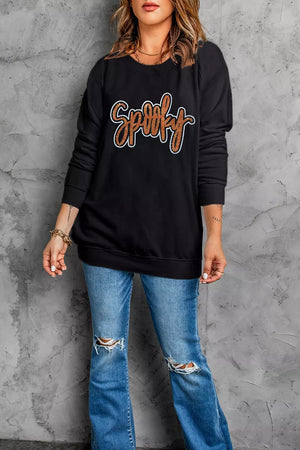 black sweatshirt with rhinestone embellishment and long sleeve