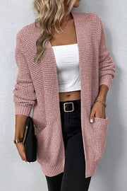 Dusty pink waffle knit longline cardigan with pockets and open front