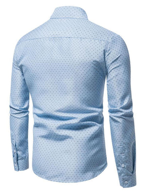 Light blue cotton slim fit shirt with micro-dot pattern, button-down collar, and button cuffs.