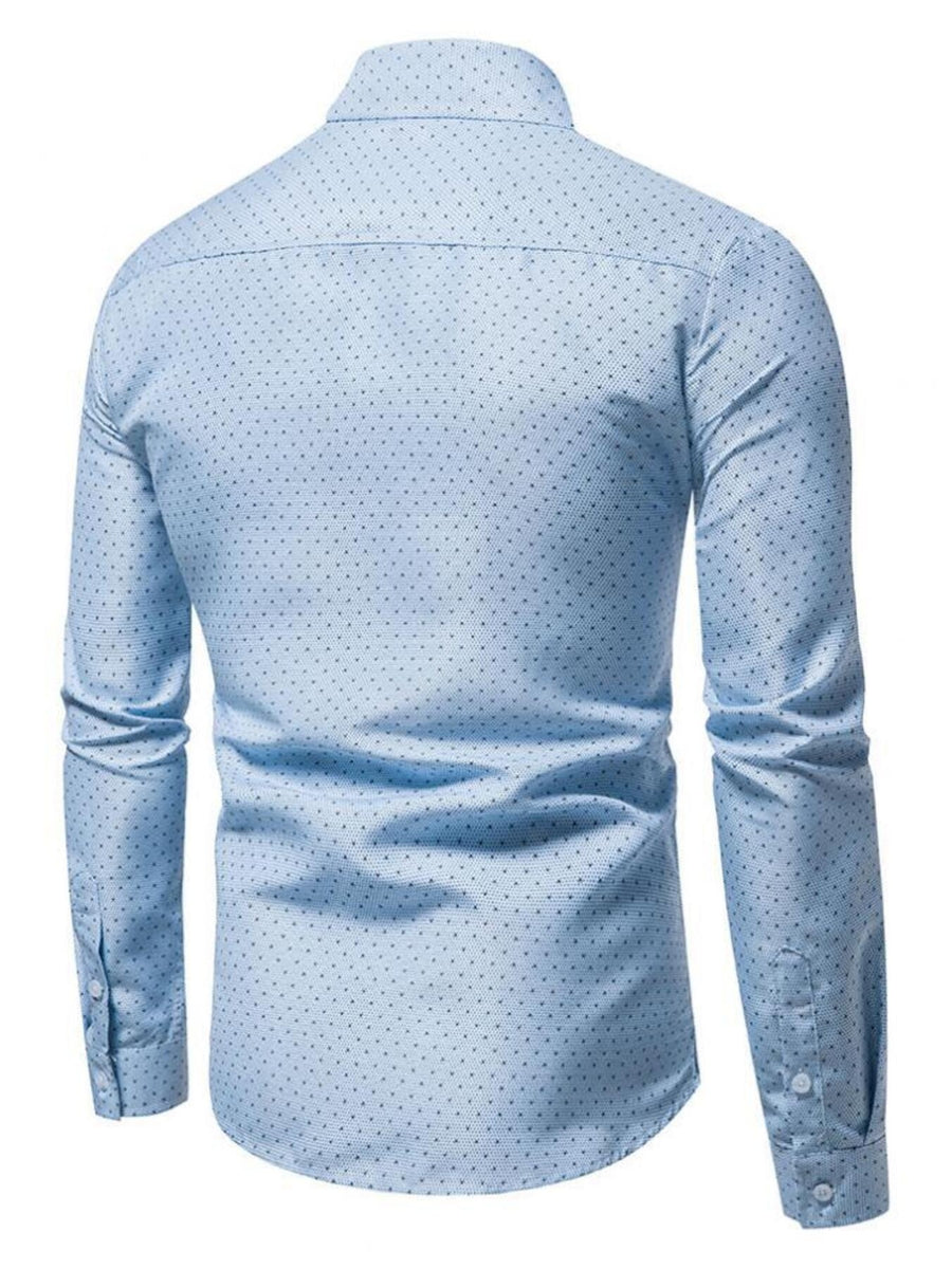 Light blue cotton slim fit shirt with micro-dot pattern, button-down collar, and button cuffs.