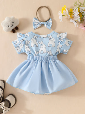 Sky blue baby dress set with bunny print, ruffle sleeves, and matching bow headband.