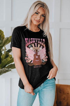 Black graphic tee with Nashville wings and guitar design