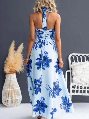 Blue floral halter neck maxi dress with lace-up back detail