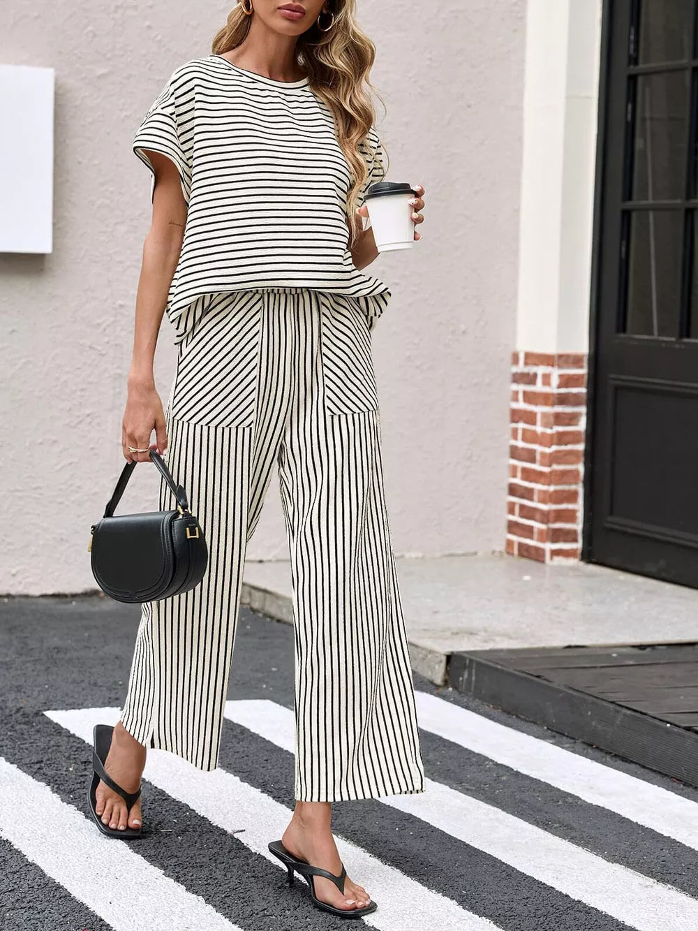 cream two-piece set with striped and round neck