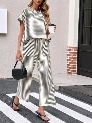 cream two-piece set with striped and round neck