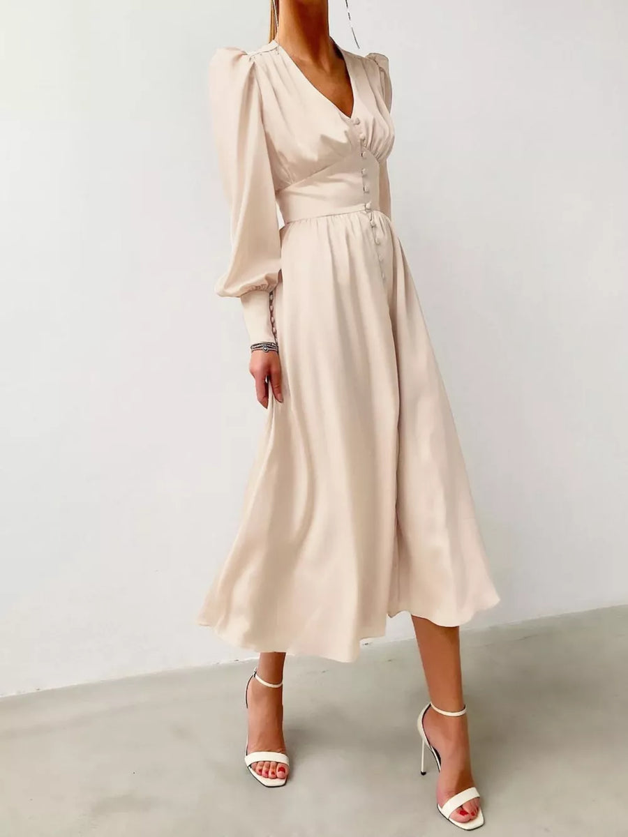 Dark Blue Elegant V-neck Puff Sleeve Button-down Midi Dress