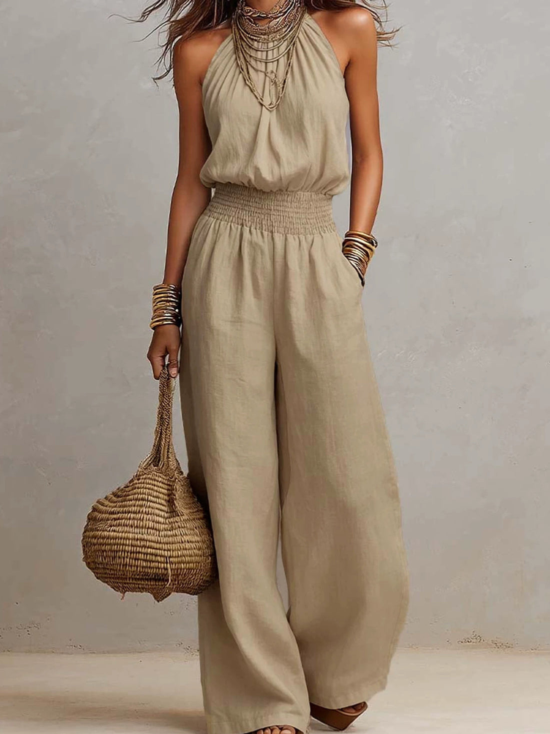 jumpsuit in khaki featuring pocketed and relaxed fit