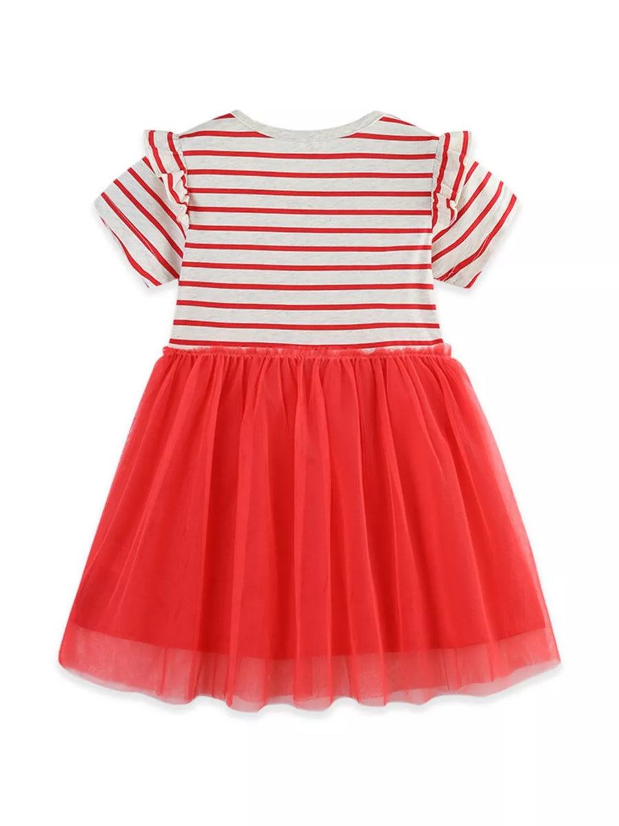 Toddler red and white striped cotton dress with red tulle skirt and flutter sleeves.