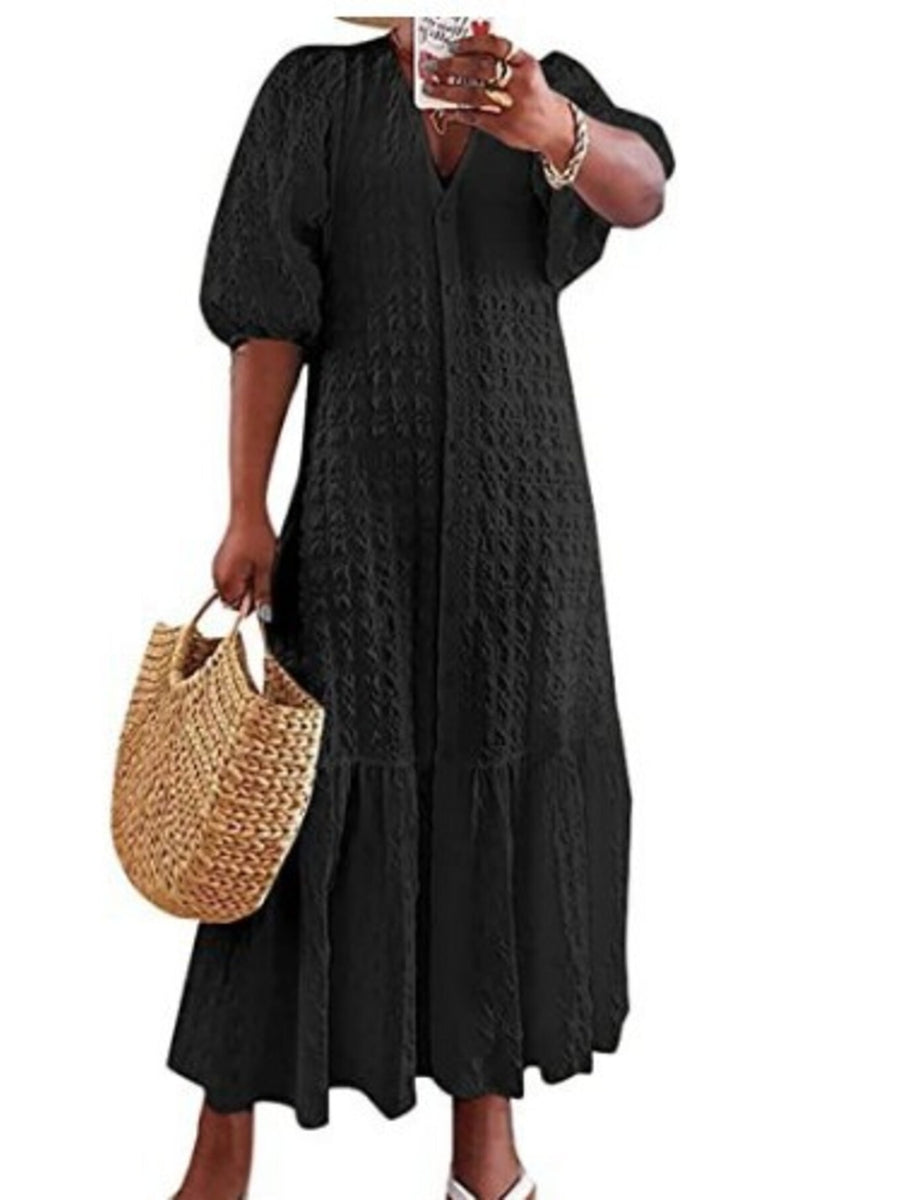 Black Elegant Puff Sleeve Textured Maxi Dress Plus Size