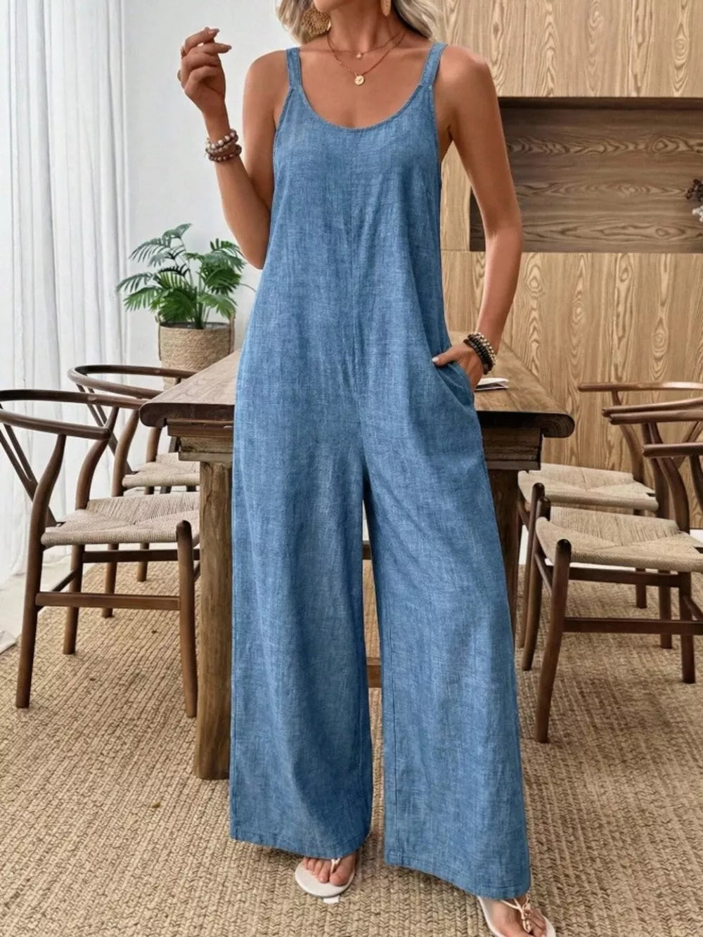 Dusty Blue Spaghetti Strap Wide Leg Jumpsuit