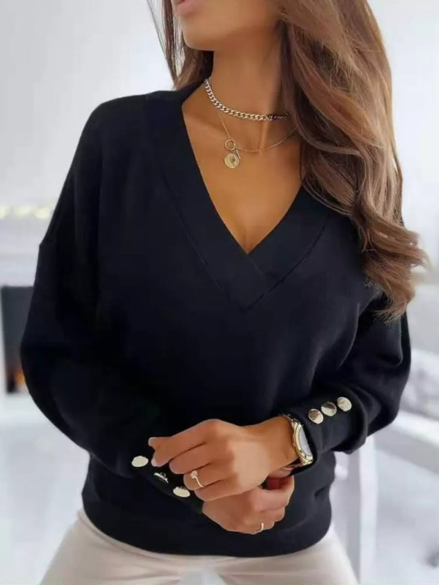 Red V-neck Button Cuff Blouse
