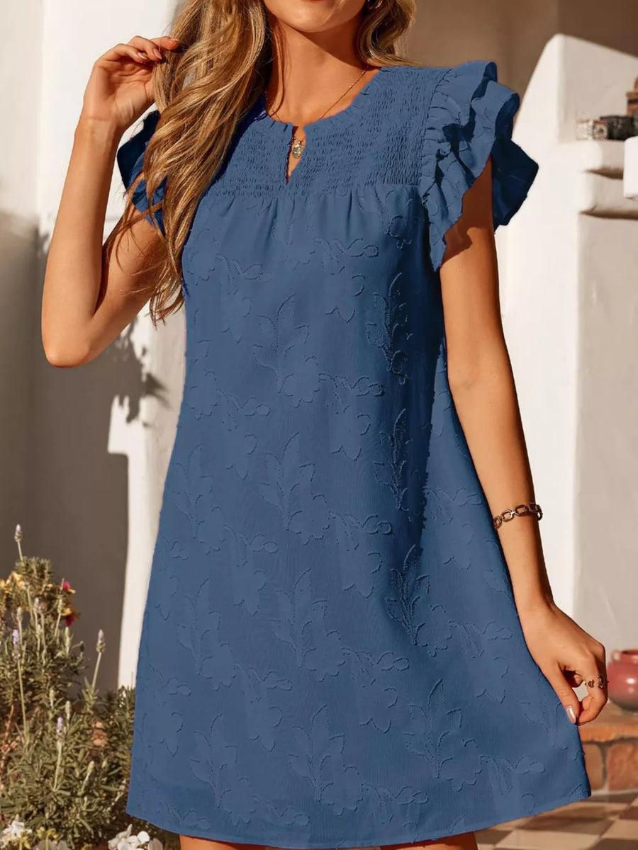 Sky blue floral embossed mini dress with smocked bodice and ruffled sleeves.