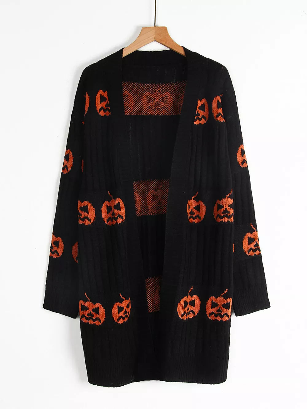 cardigan in black with pumpkin-print and ribbed