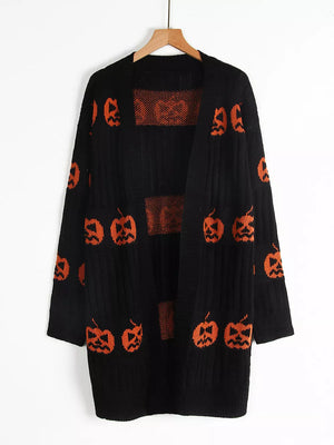 cardigan in black with pumpkin-print and ribbed