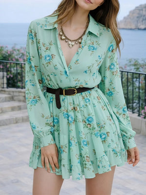 peach shirt dress with button-front and floral