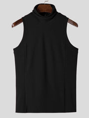 Black ribbed sleeveless turtleneck shirt with a high neck.