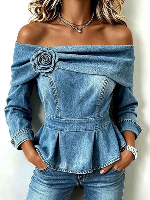 off-shoulder top in light blue featuring peplum and fitted fit