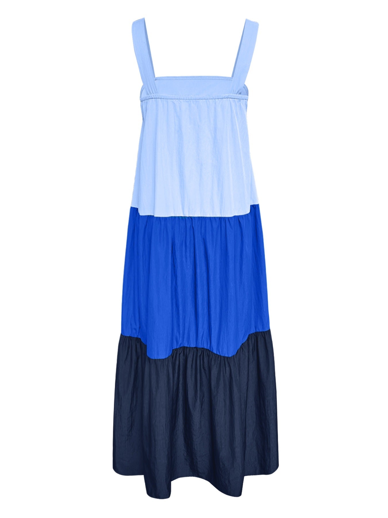 Three-tone wide strap maxi dress with tiered skirt in blue shades.