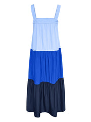 Three-tone wide strap maxi dress with tiered skirt in blue shades.