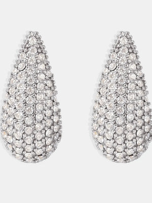 Silver teardrop stud earrings covered in pavé set clear crystals.