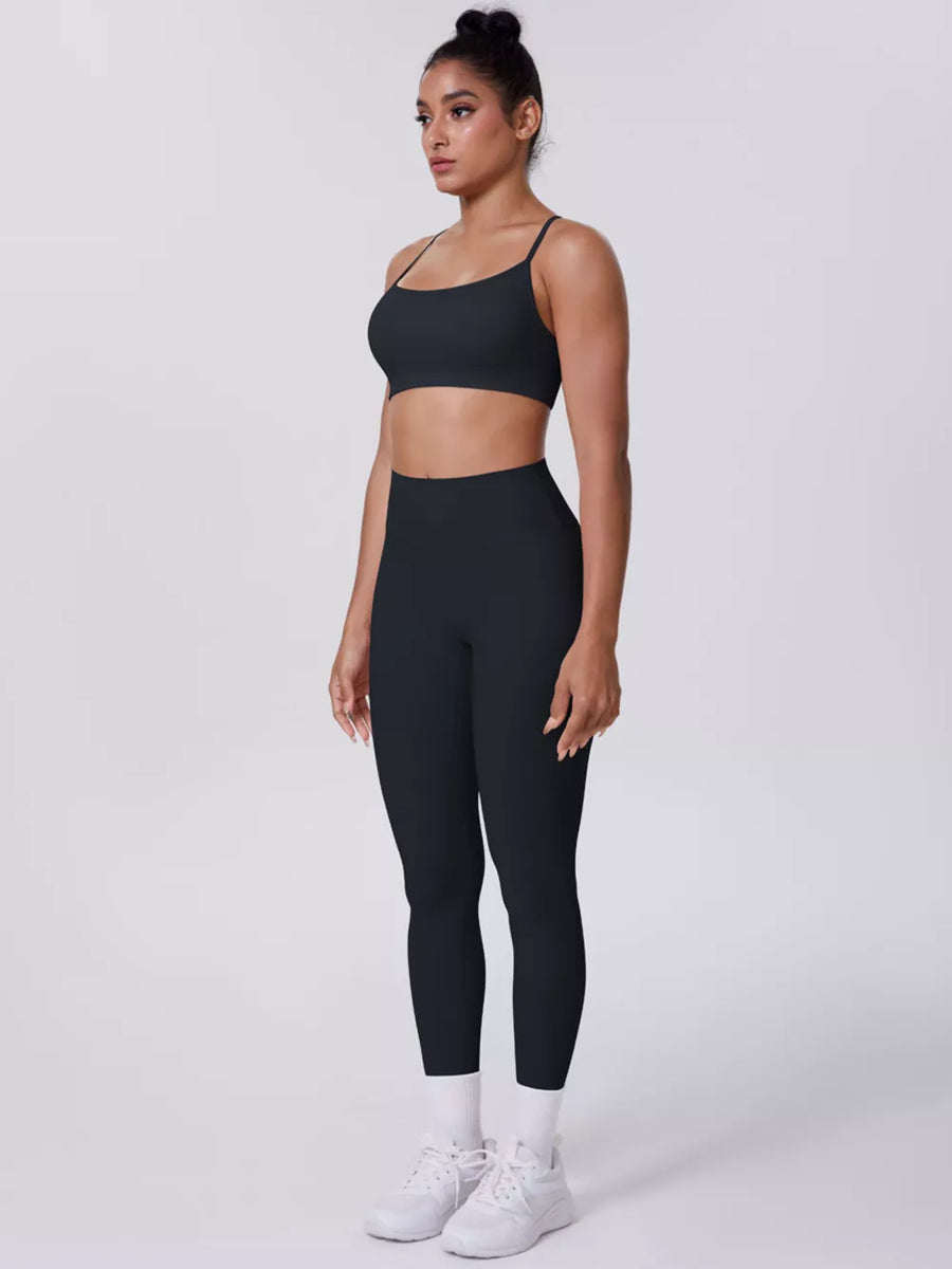 Dusty Blue fitted sports bra with scoop neck