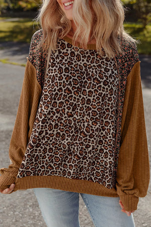 Brown Leopard Floral Print Ribbed Puff Sleeve Sweatshirt