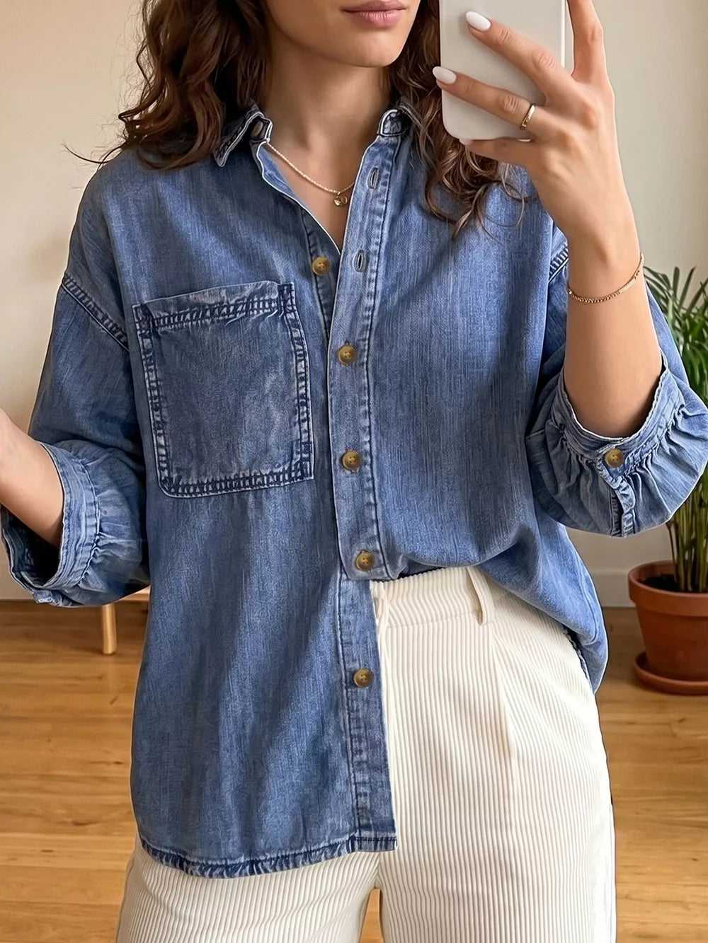 65% cotton, 35% polyester Care instructions: Machine wash cold button-up shirt in Dusty Blue with loose silhouette