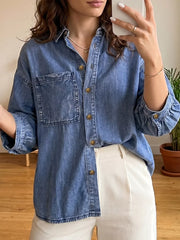 65% cotton, 35% polyester Care instructions: Machine wash cold button-up shirt in Dusty Blue with loose silhouette