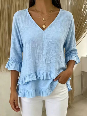 Khaki V-neck Ruffle Sleeve Top