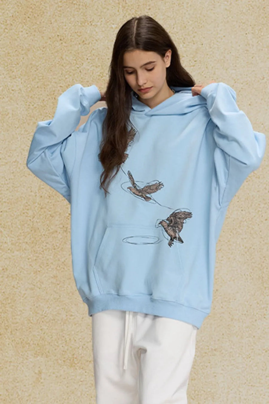 Light blue relaxed fit hoodie with embroidered birds and a front pocket.