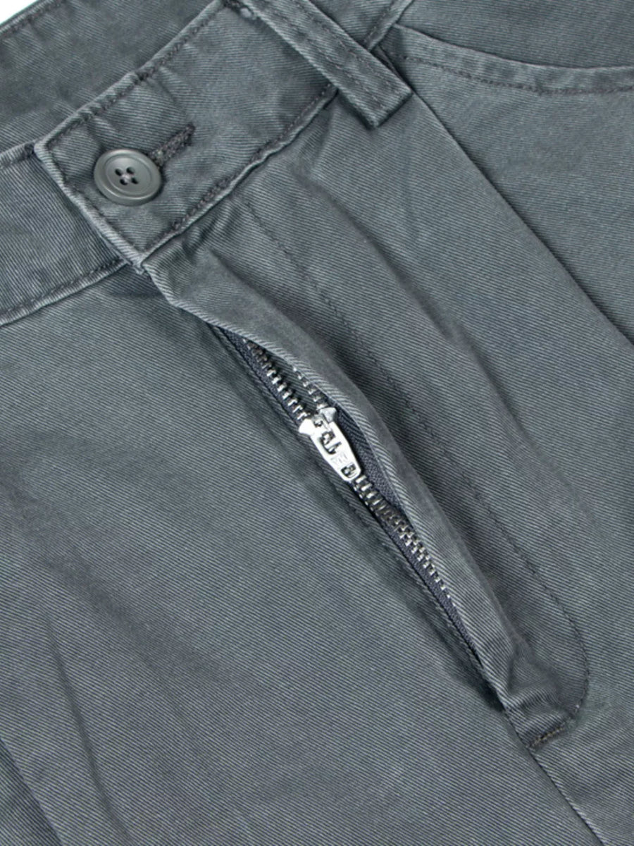 Grey cotton sweatpants with button closure and zipper detail.