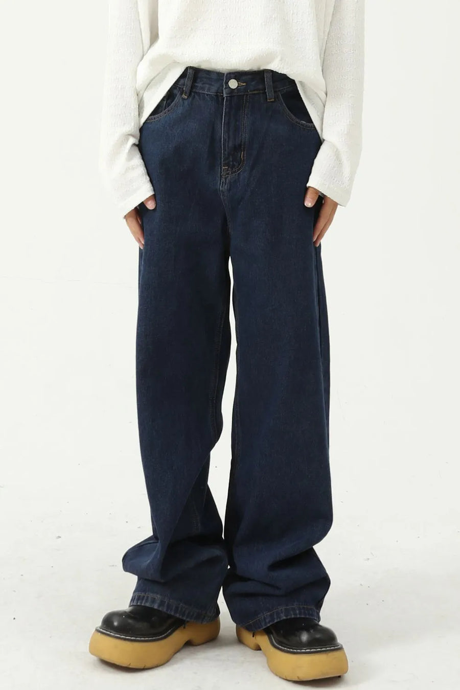 Dark wash baggy wide leg denim jeans with a casual silhouette.