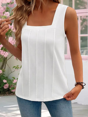 White tank top with square neck and vertical pintuck details.