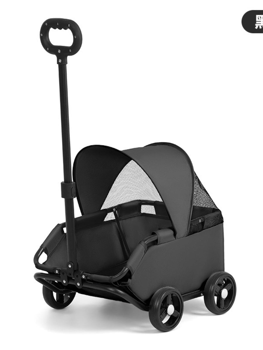Black foldable pet stroller with adjustable canopy and mesh windows.