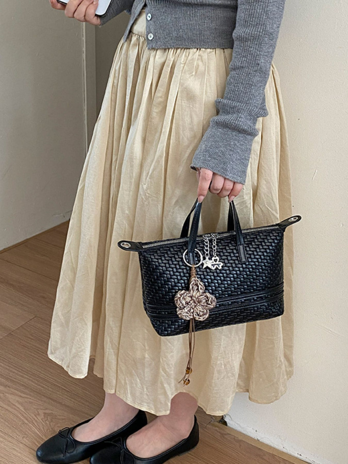 black PU Leather Imported Size &amp crossbody bag with woven and zip-front