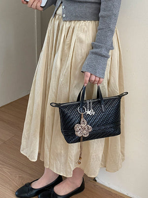 black PU Leather Imported Size &amp crossbody bag with woven and zip-front